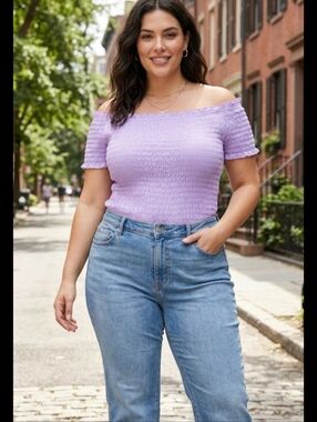 Eloquii Lavender Smocked Off-Shoulder Top, NWT